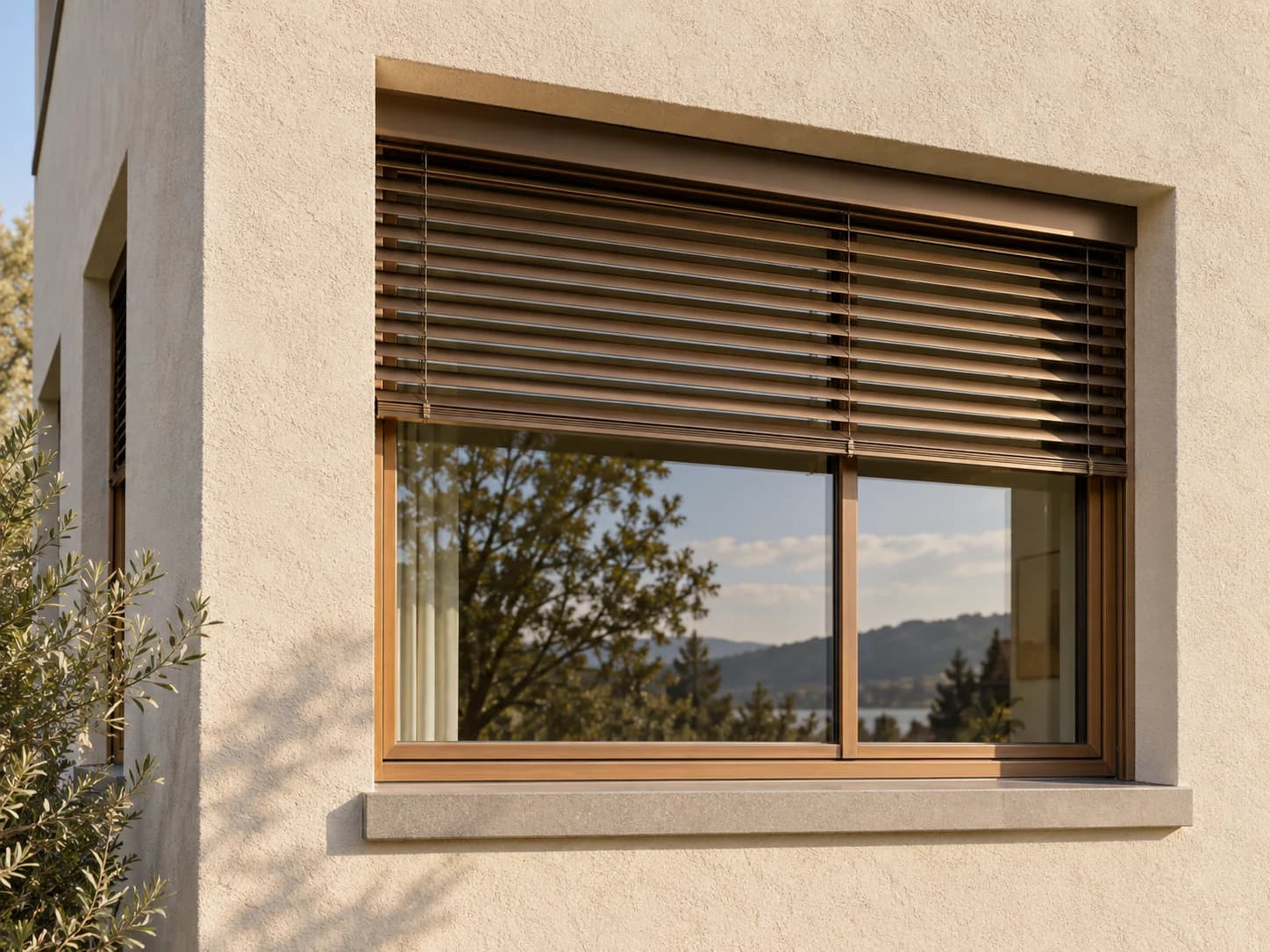 Détail d’une fenêtre à encadrement bois, d’un store extérieur et d’une façade à enduit clair.