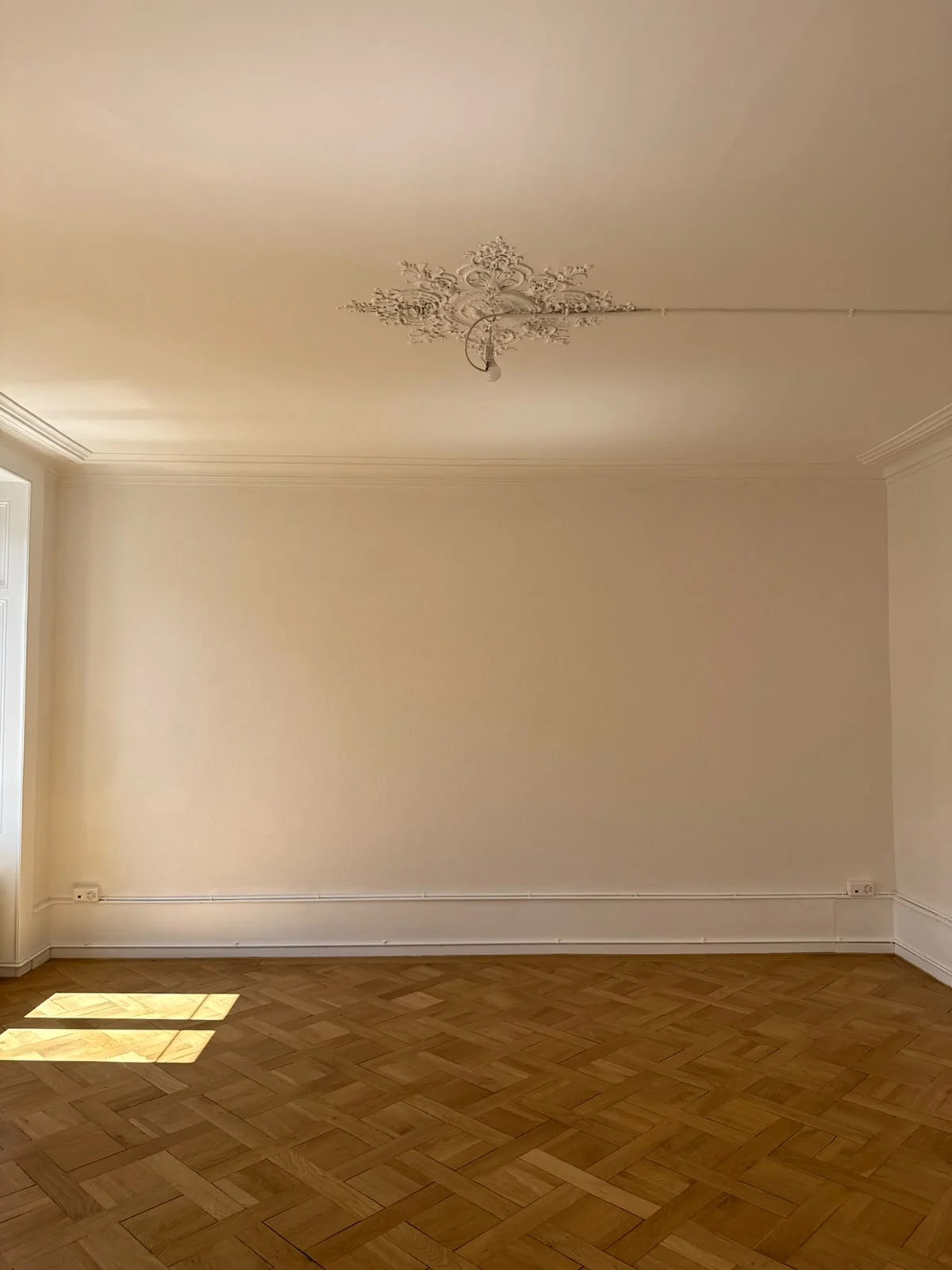 Séjour, parquet et ornement de plafond.
